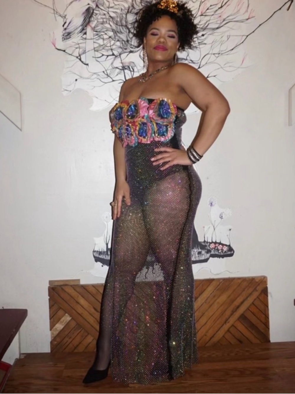 AKIRA Black Sheer Strapless Sequin Gown with Multicolor Floral Bust
